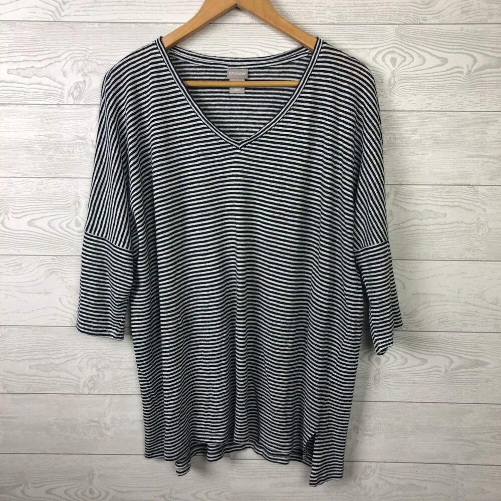 Chico's Women's Size 2/Large 100% Linen Striped V Neck Tee Dolman Sleeve Shirt